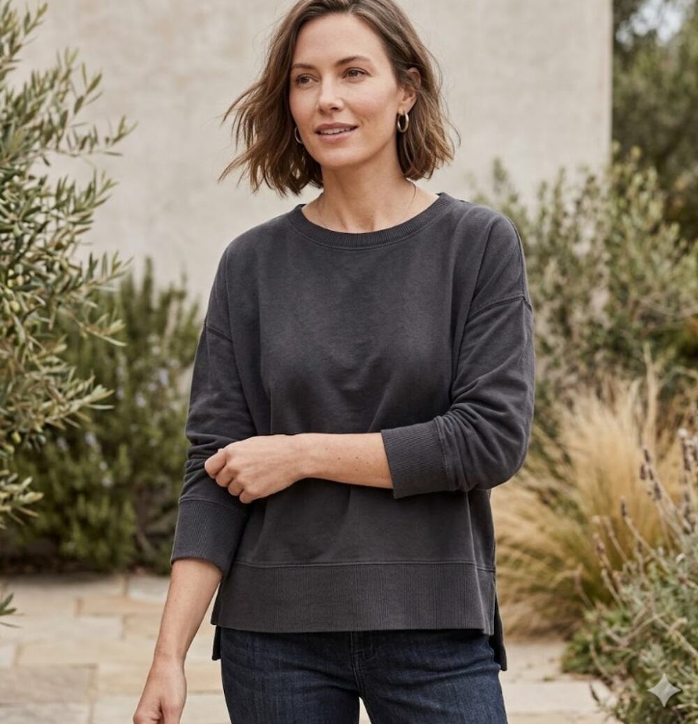 EILEEN FISHER Organic Cotton Stretch Crewneck Sweater Large Black Long Sleeve